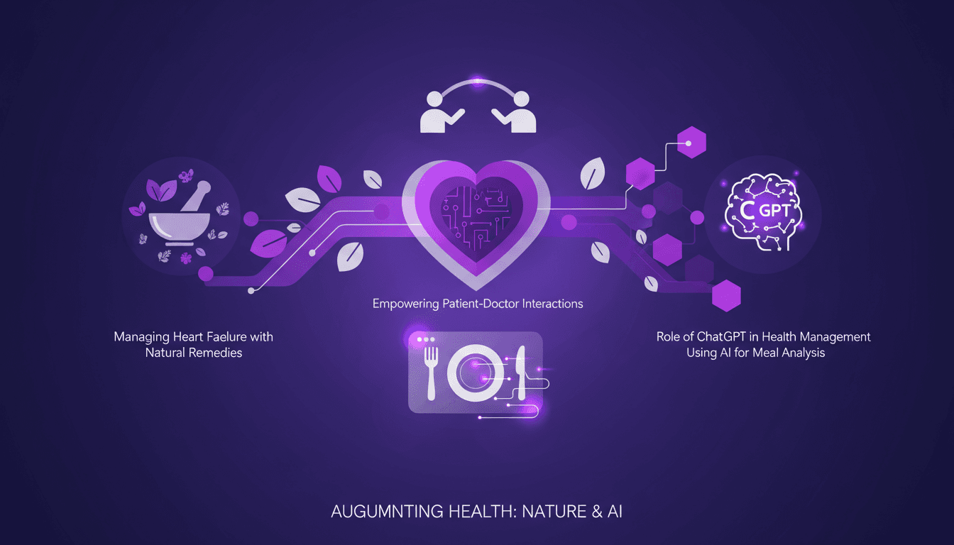 Modern illustration of managing heart failure with natural remedies and AI, highlighting anti-inflammatory herbs and meal analysis.