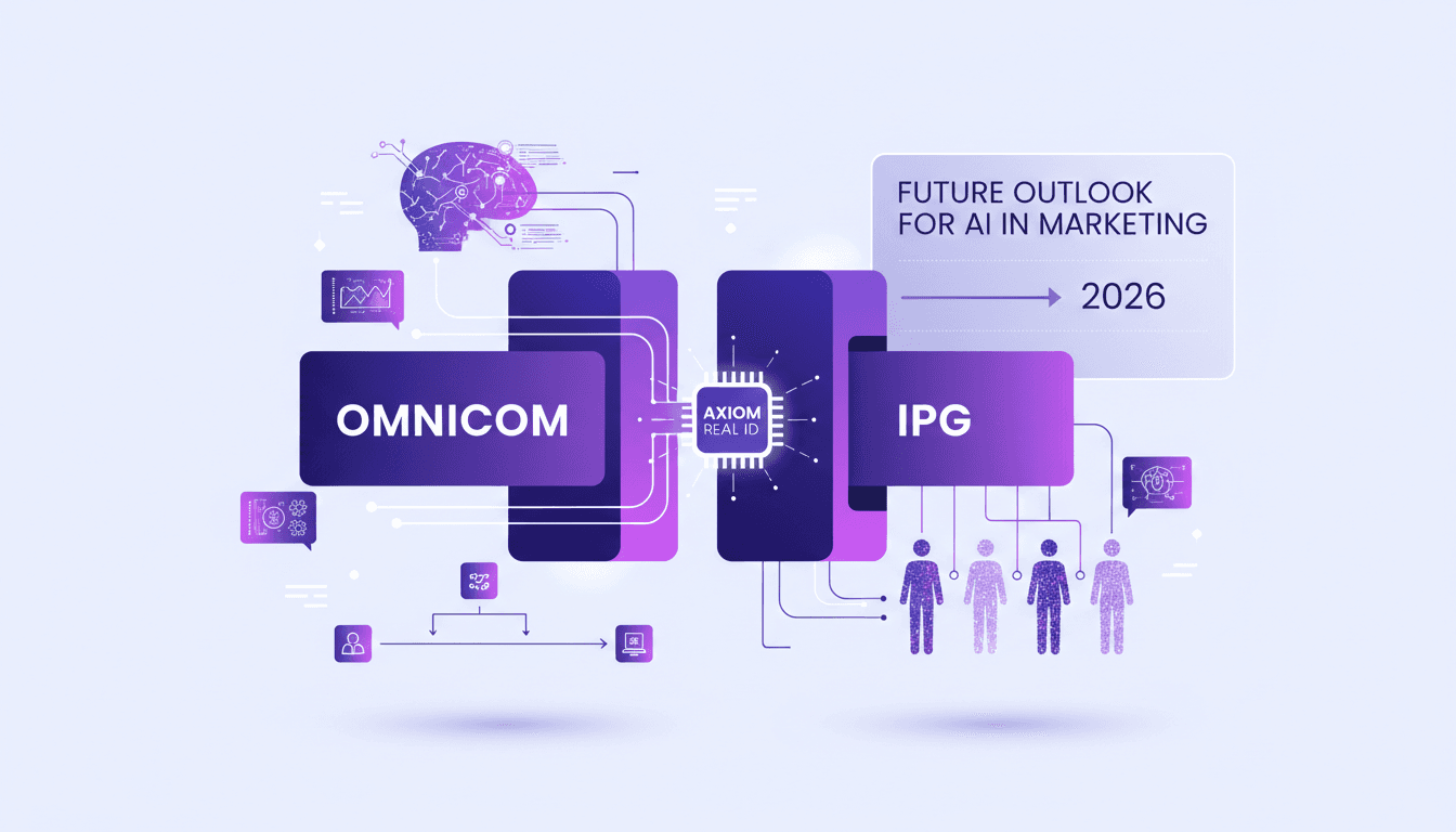 Modern illustration of Omnicom's 2026 transformation, IPG acquisition, Axiom integration, generative AI, human-centric marketing approach.